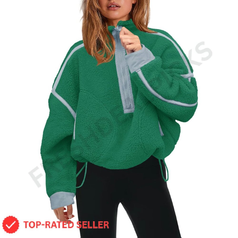 Oversized Half Zip Sherpa Fleece Pullover Soft Fuzzy Sweater with Pockets